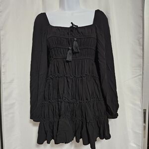 Black Peplum Long Sleeve Mini Dress With A Line Silhoutte Teired Skirt SZ Large